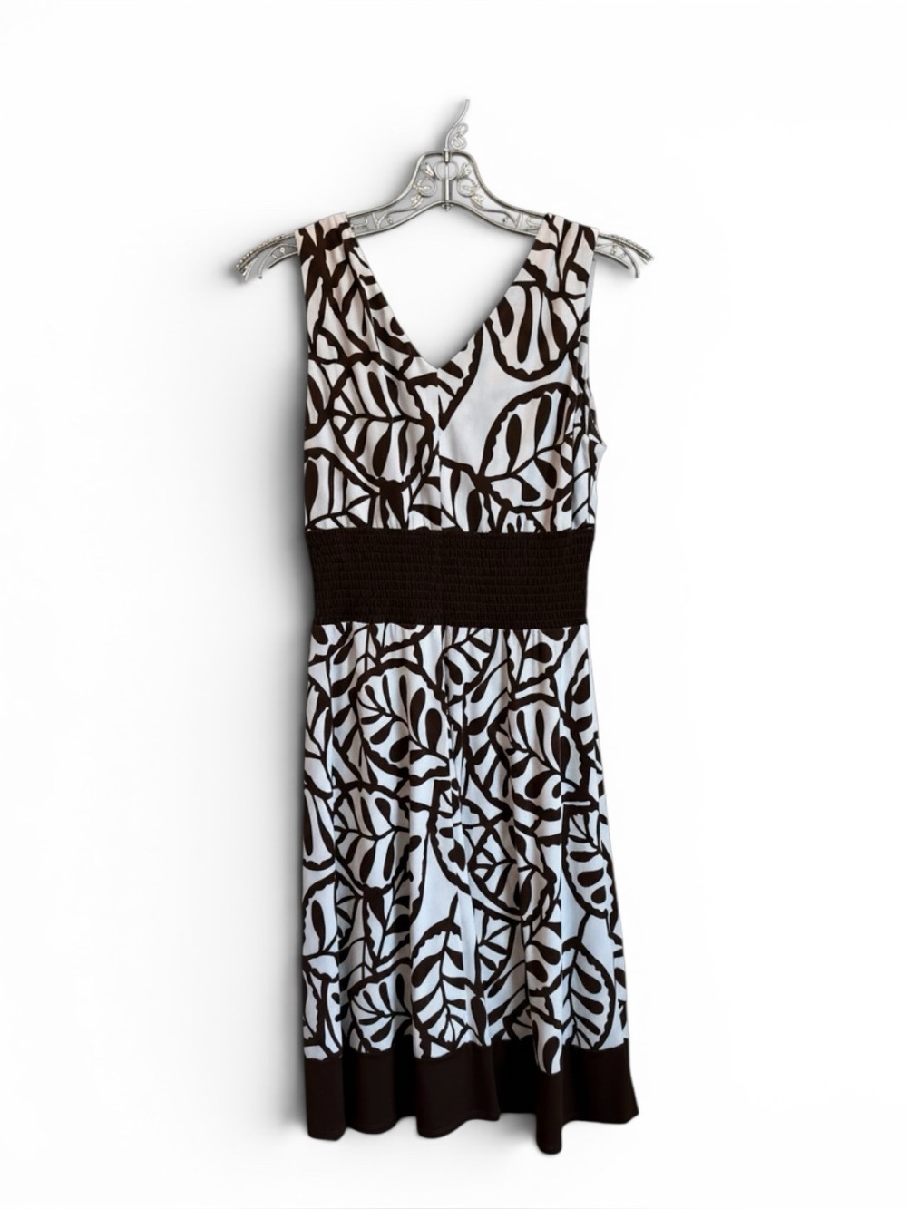 Rabbit Rabbit Rabbit Designs Brown White Leaf Print Sleeveless Midi Dress 8 - Picture 2 of 10